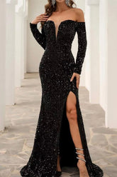 Sexy Off The Shoulder Black Sequined Front-Split Prom Evening Dresses With Long Sleeves